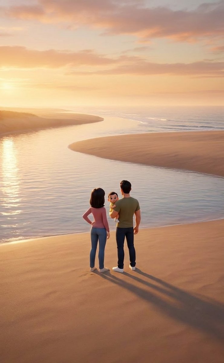 An animated family of three seen from behind at sunset, standing on a wide sandy shore and looking out at the place where a calm river flows into the open ocean. The father holds their baby son, who peeks back over his shoulder; the mother stands beside him.